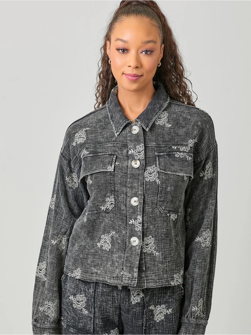 Mystree Washed Black Floral-Print Button Jacket